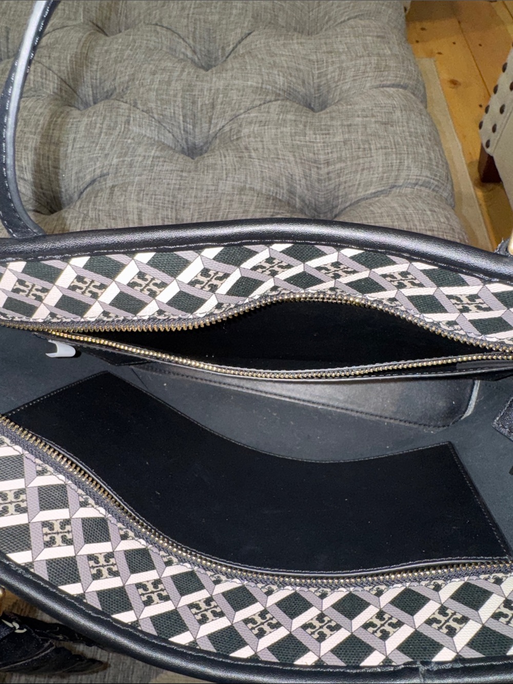 Tory Burch Bag Geo Logo Black & White Print Leather Tote Bag Satchel Crossbody - Picture 12 of 17